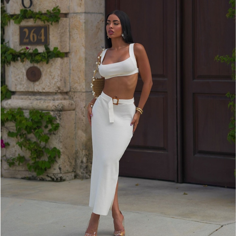 Fashion Nova White Leaving Now Maxi Sweater Skirt Set